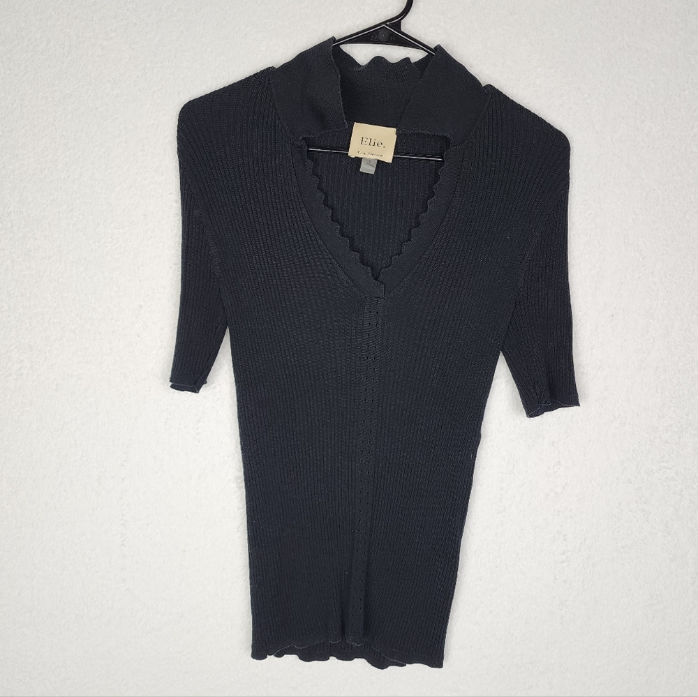 ELIE TAHARI Black Pointelle Ribbed Short Sleeve Polo Sweater S